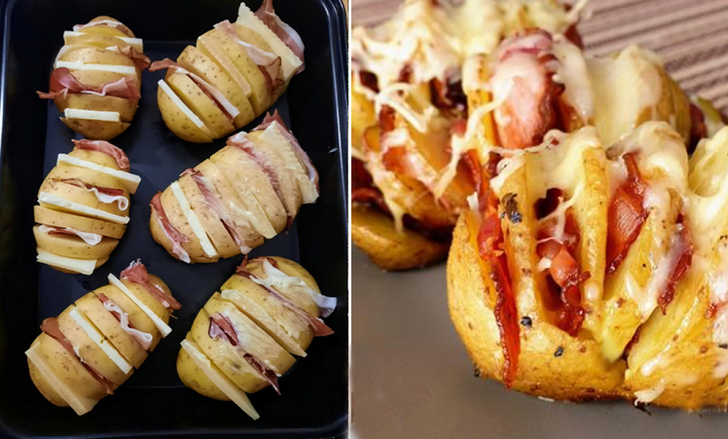 Cartofi cu șuncă, cașcaval ras și ceapă roșie